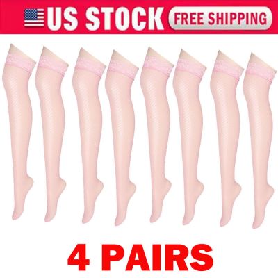 4Pair Pink Women Stockings Lace Mesh High Thigh Fishnet Sexy Long Pantyhose USA